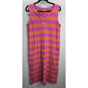 FOIL 100% Cotton Striped Midi Dress M Pink Orange Sleeveless Pockets